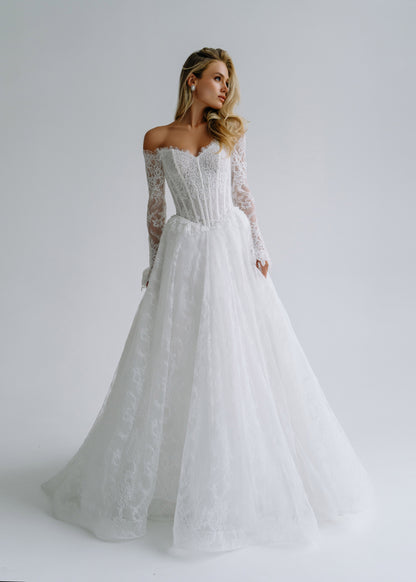 Lace A-line wedding dress with an off-shoulder corset and long lace sleeves, front view