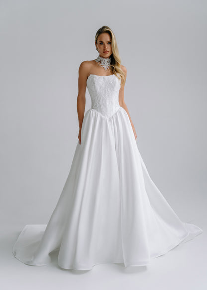 Strapless satin wedding dress with a beaded lace choker collar, front view
