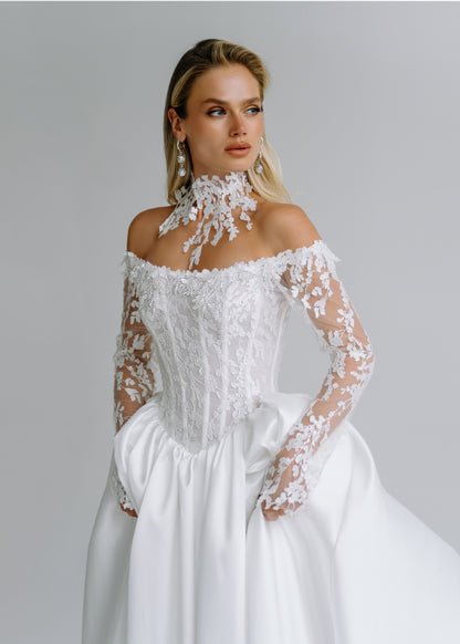 Off-shoulder lace corset bodice with a floral lace choker collar