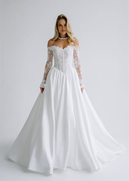 Satin A-line wedding dress with an off-shoulder lace corset and long lace sleeves, front view