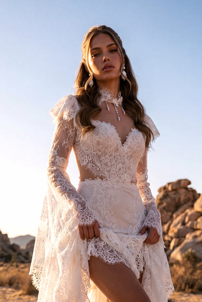 A-Line Lace Wedding Dress with Lace Cuffs and Chiffon Side Inserts