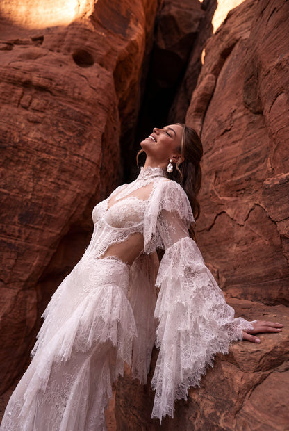 Fit-and-Flare Sequin Lace Wedding Dress with Slit and Lace Ruffles