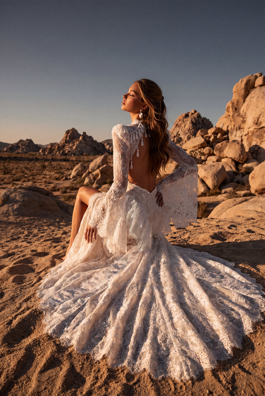 Fit-and-Flare Lace Wedding Dress with Beaded Tassels and Flared Sleeves