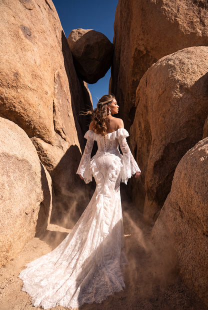 Fit-and-Flare Lace Corset Wedding Dress with Lace-Up Back and Lace Frills