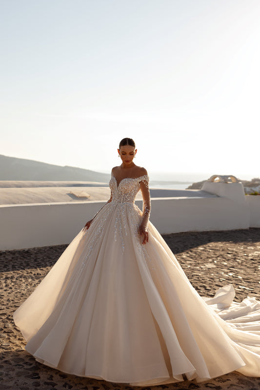 Princess wedding dress with long illusion sleeves and cathedral train