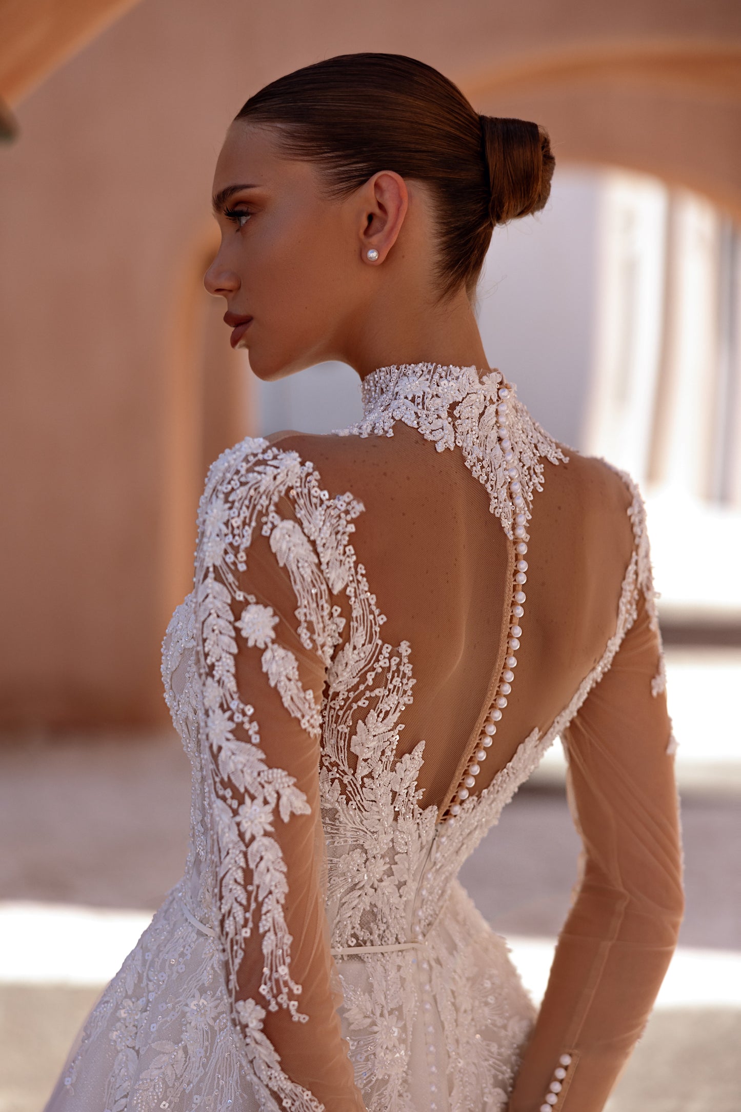 Princess A-line Long illusion sleeve Mockneck Illusion V-shape back Lace Tulle Cathedral train Wedding dress