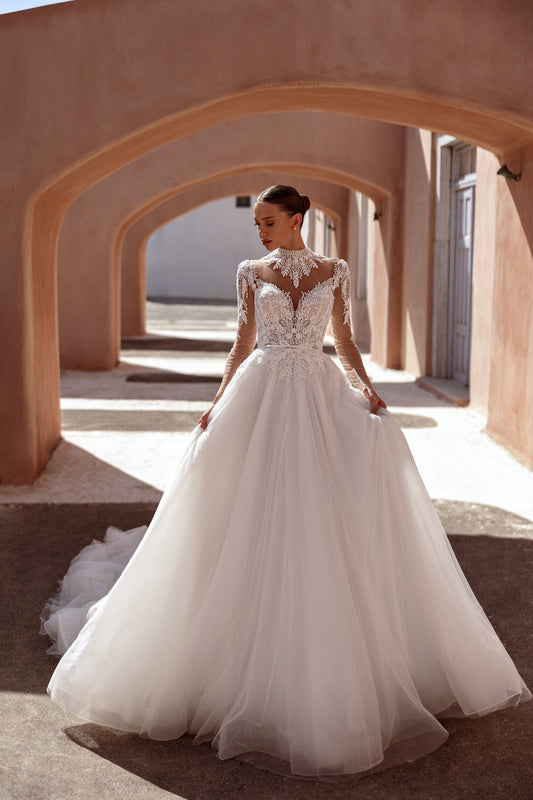 Princess A-line Long illusion sleeve Mockneck Illusion V-shape back Lace Tulle Cathedral train Wedding dress