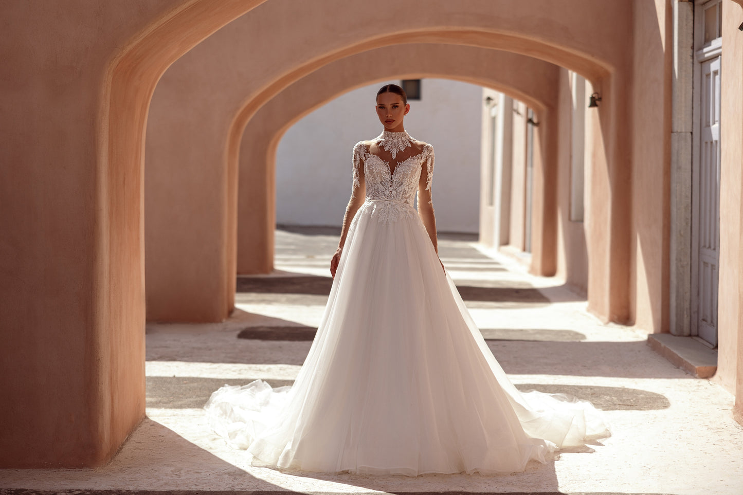 Princess A-line Long illusion sleeve Mockneck Illusion V-shape back Lace Tulle Cathedral train Wedding dress