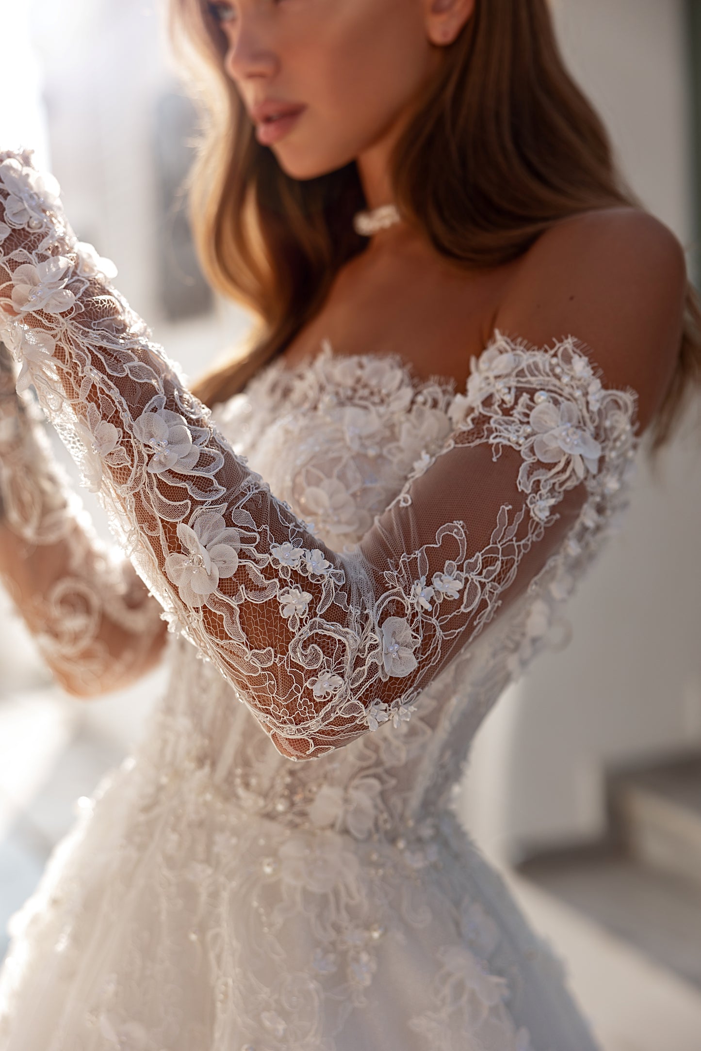 Romantic A-line Illusion floral lace long sleeve Open boat shape back Chapel train Tulle wedding dress