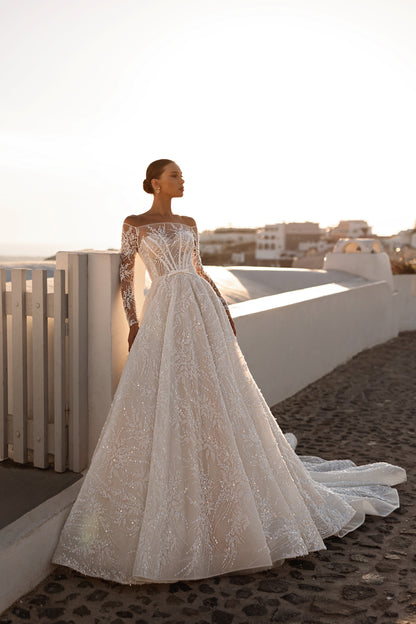 Princess A-line wedding dress with illusion sleeves and cathedral train