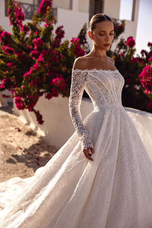 Princess A-line Off the shoulder long sleeve Zip closure Cathedral train Lace Wedding dress