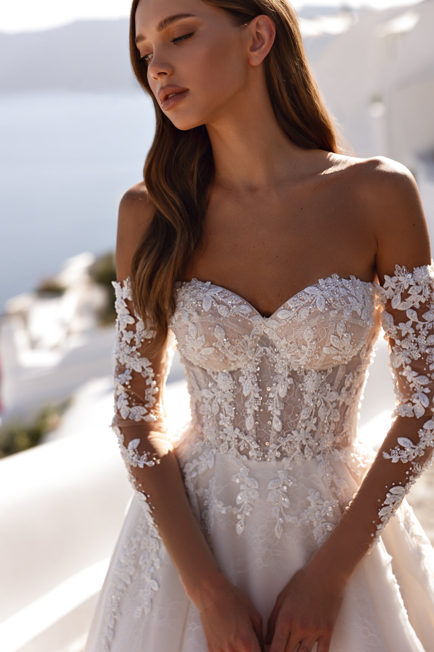 Princess A-line Off the shoulder Sweetheart neckline Long illusion sleeve Open straight back Lace-up closure Lace Tulle Wedding dress