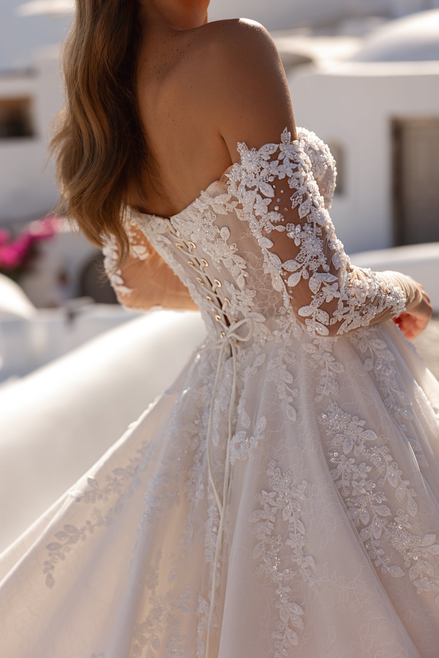 Princess A-line Off the shoulder Sweetheart neckline Long illusion sleeve Open straight back Lace-up closure Lace Tulle Wedding dress