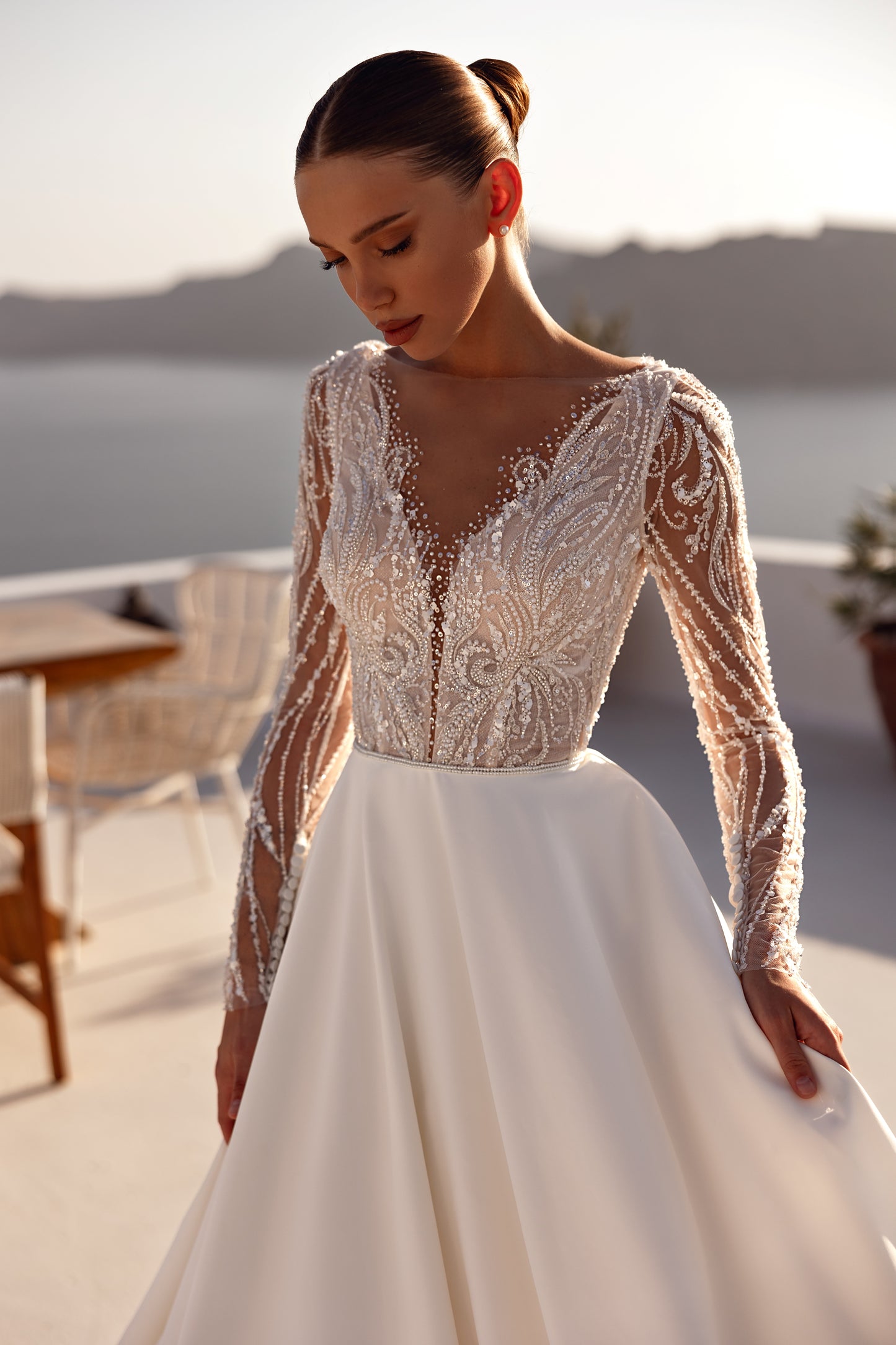 A-line Princess Illusion Long sleeve V-neckline Open back Cathedral train Wedding dress