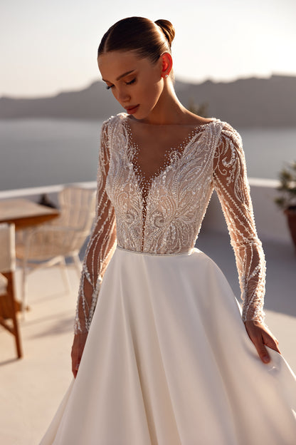 A-line wedding dress with illusion sleeves & cathedral train