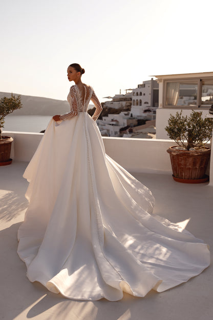 A-line wedding dress with illusion sleeves & cathedral train