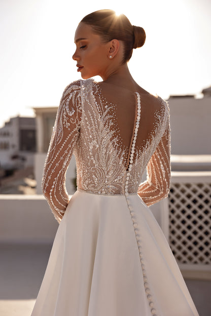 A-line wedding dress with illusion sleeves & cathedral train