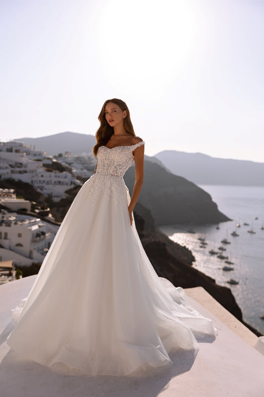 Princess A-line Off the shoulder Sleeveless Open V-shape back Zip closure Chapel train Lace Tulle Wedding dress