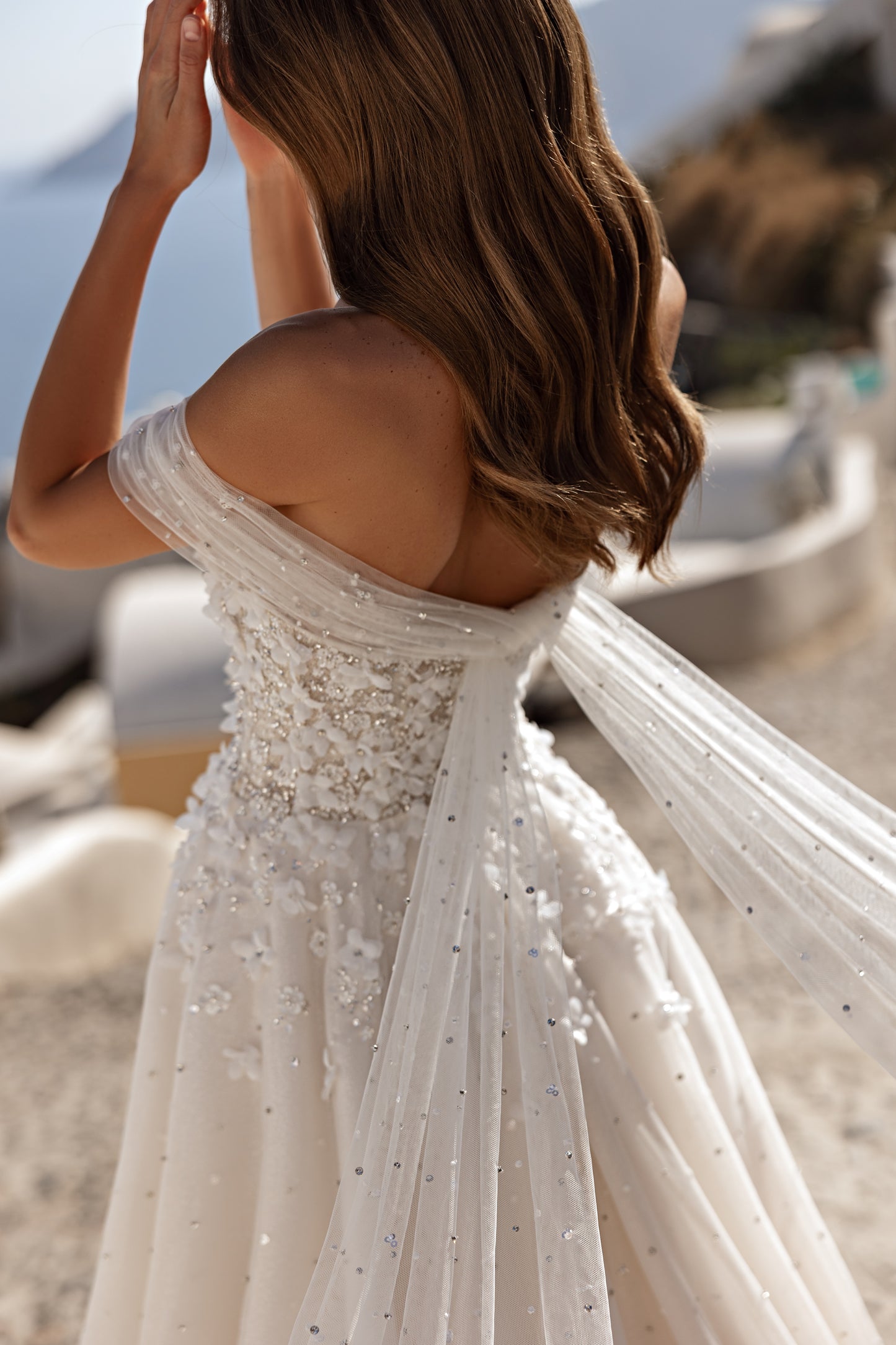 Romantic A-line Sleeveless Floral bodice Lace sequin Pleated Slit skirt Chapel train Glitter Wedding dress