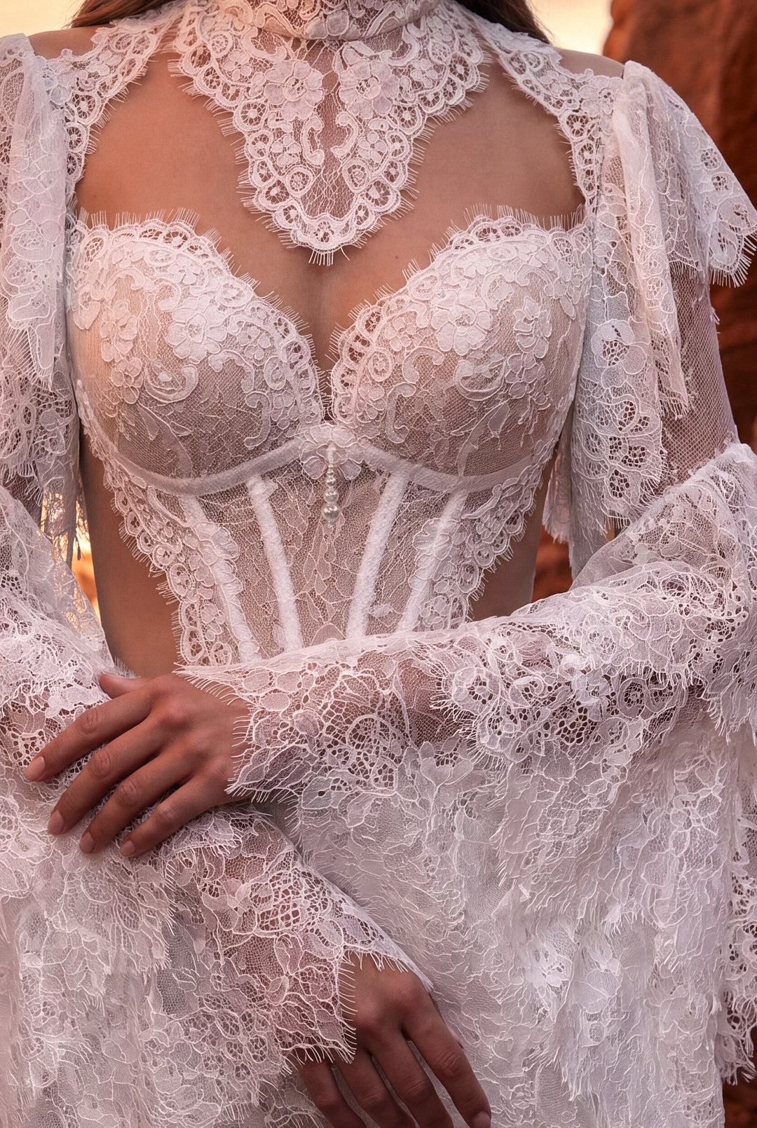 Fit-and-Flare Sequin Lace Wedding Dress with Slit and Lace Ruffles