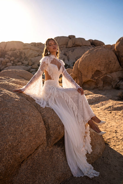 A-Line Lace Wedding Dress with Lace Cuffs and Chiffon Side Inserts