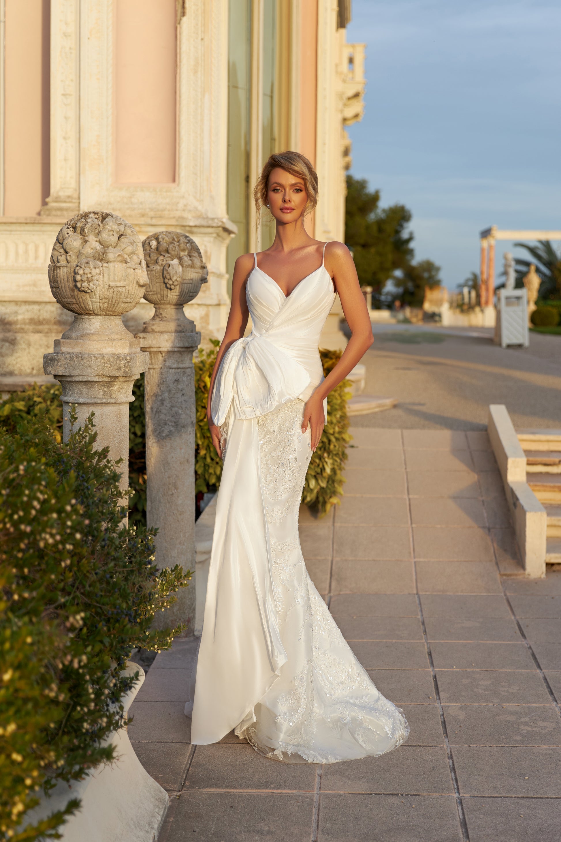 Fitted Wedding Dress V-Neckline Spaghetti Straps Satin Taffeta Gown Think Bridal Fitted Wedding Dress V-Neckline Spaghetti Straps Satin Taffeta Gown Think Bridal