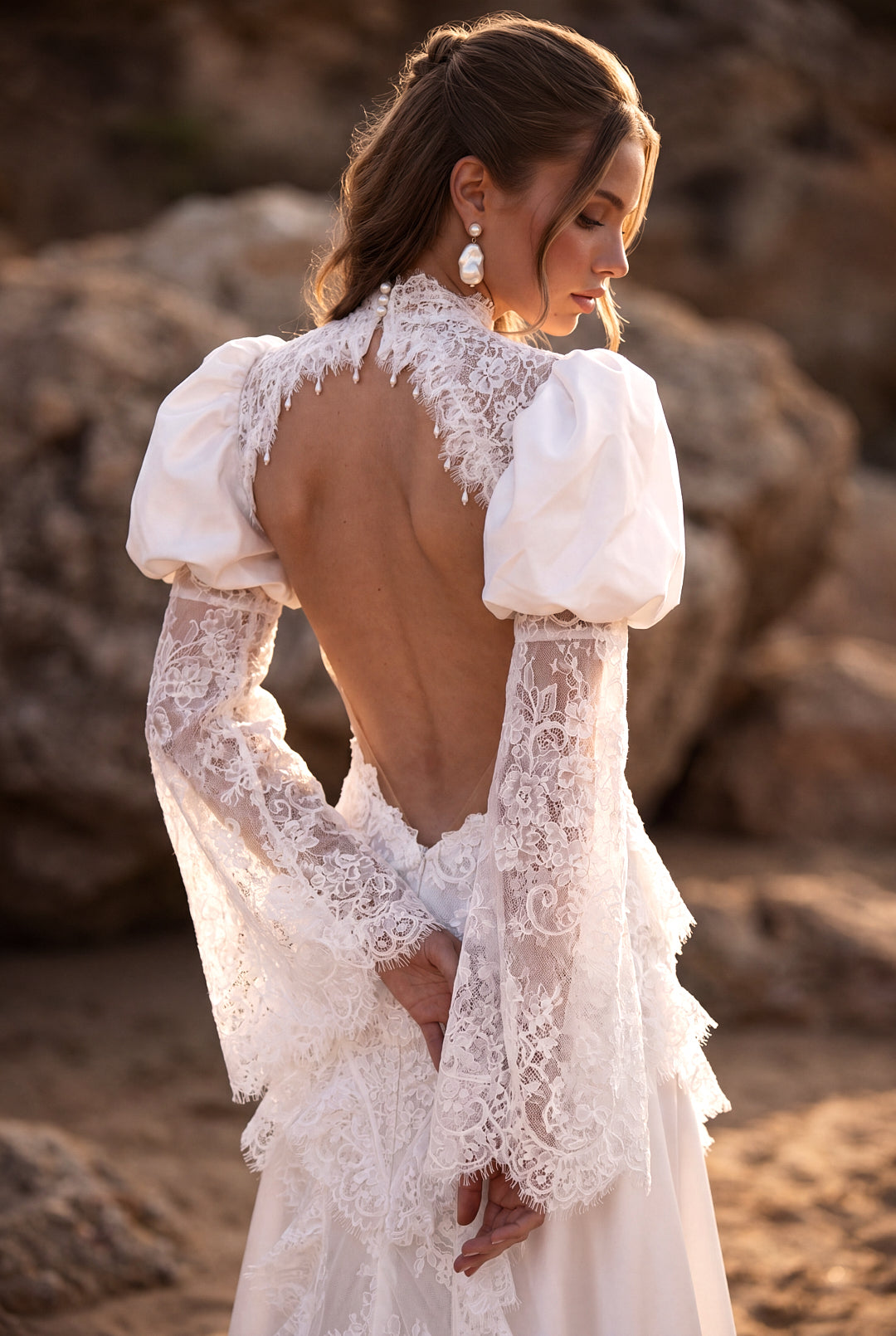 A-Line Lace Wedding Dress with Taffeta Puff Sleeves and Lace Frills