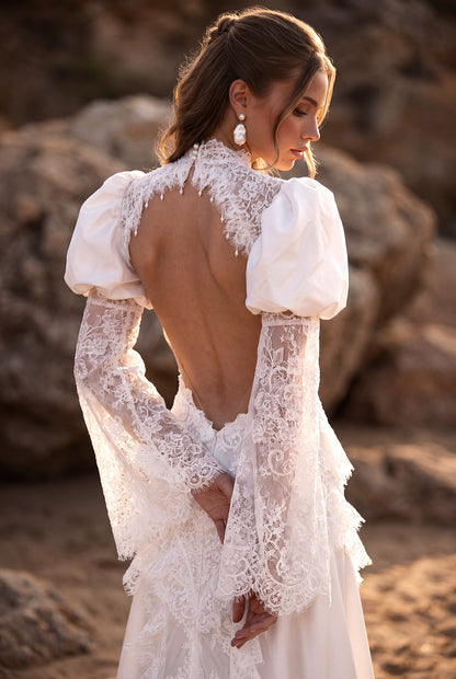 A-Line Lace Wedding Dress with Taffeta Puff Sleeves and Lace Frills