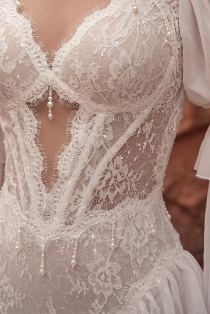 Fit-and-Flare Lace Wedding Dress with Chiffon Sleeves and Pearl Details