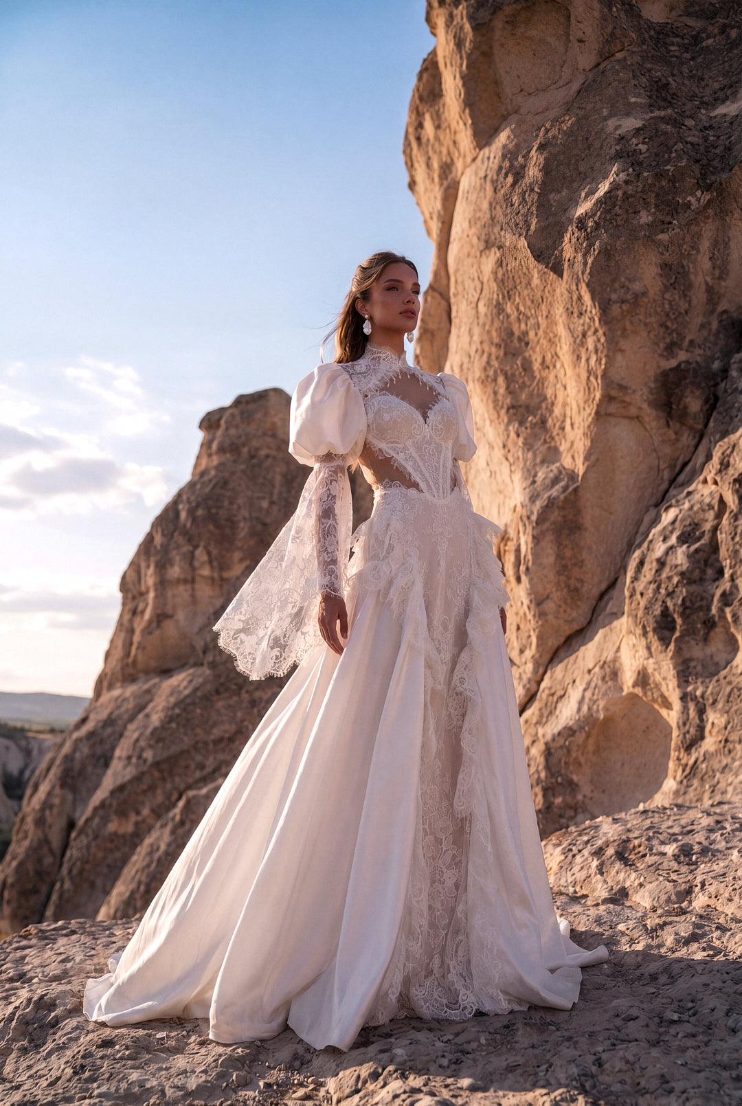 A-Line Lace Wedding Dress with Taffeta Puff Sleeves and Lace Frills