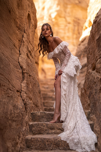 Fit-and-Flare Lace Corset Wedding Dress with Lace-Up Back and Lace Frills