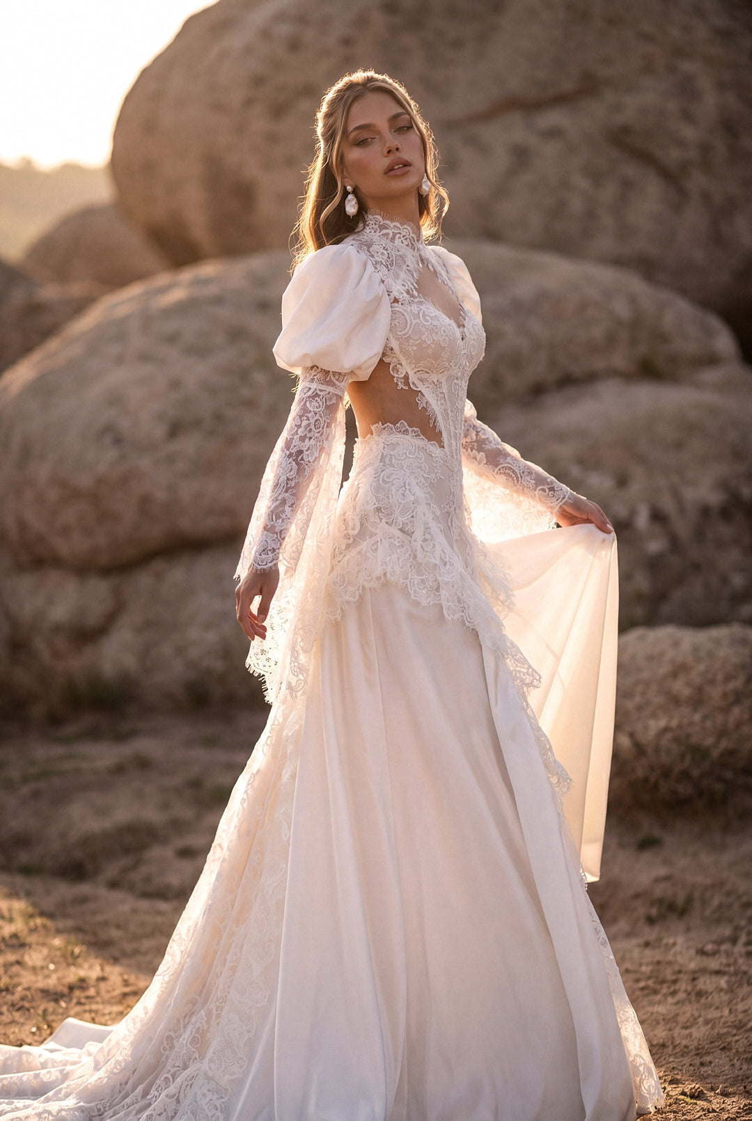 A-Line Lace Wedding Dress with Taffeta Puff Sleeves and Lace Frills