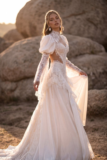 A-Line Lace Wedding Dress with Taffeta Puff Sleeves and Lace Frills