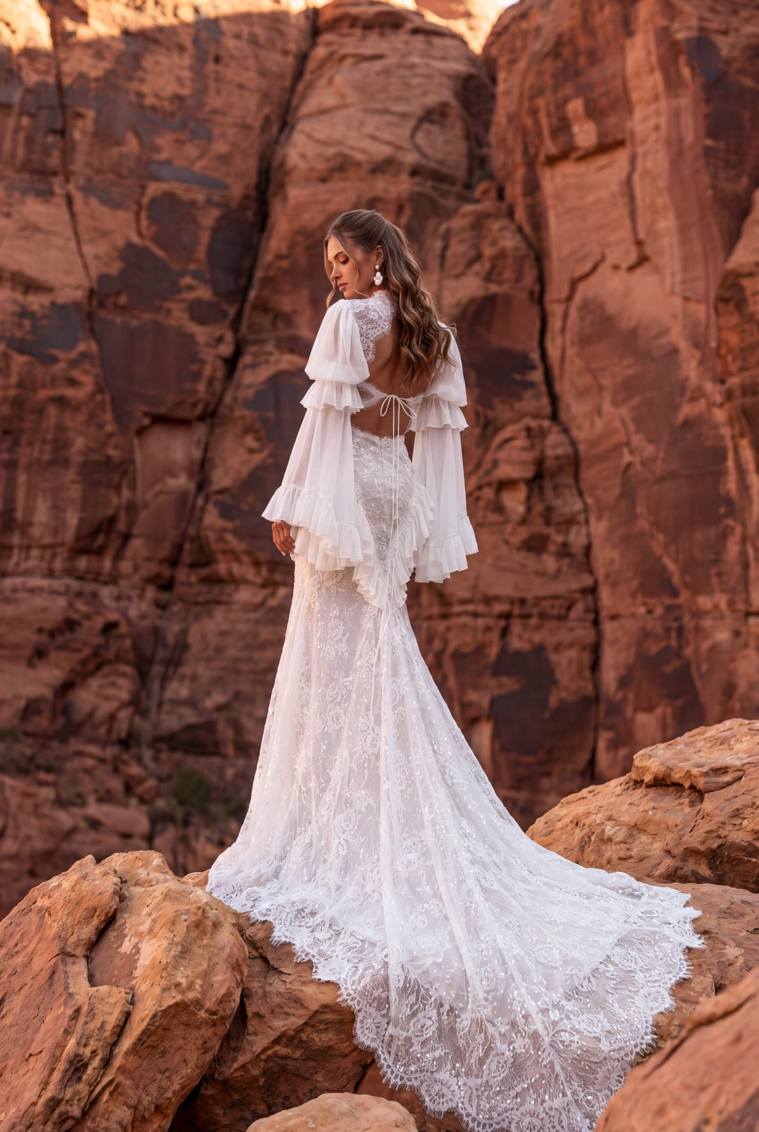 Fit-and-Flare Lace Wedding Dress with Chiffon Sleeves and Pearl Details