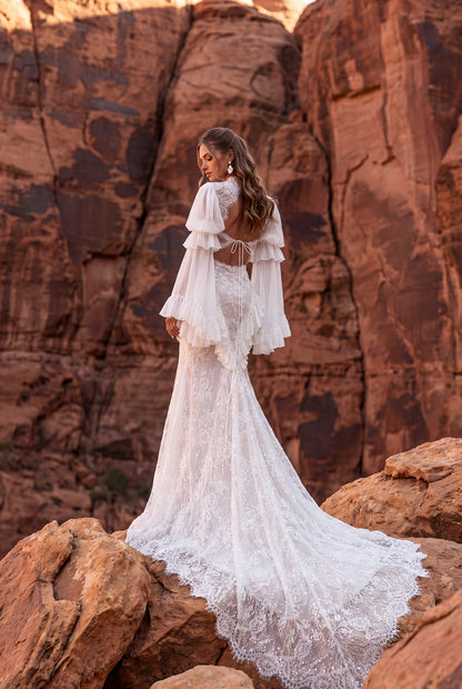 Fit-and-Flare Lace Wedding Dress with Chiffon Sleeves and Pearl Details