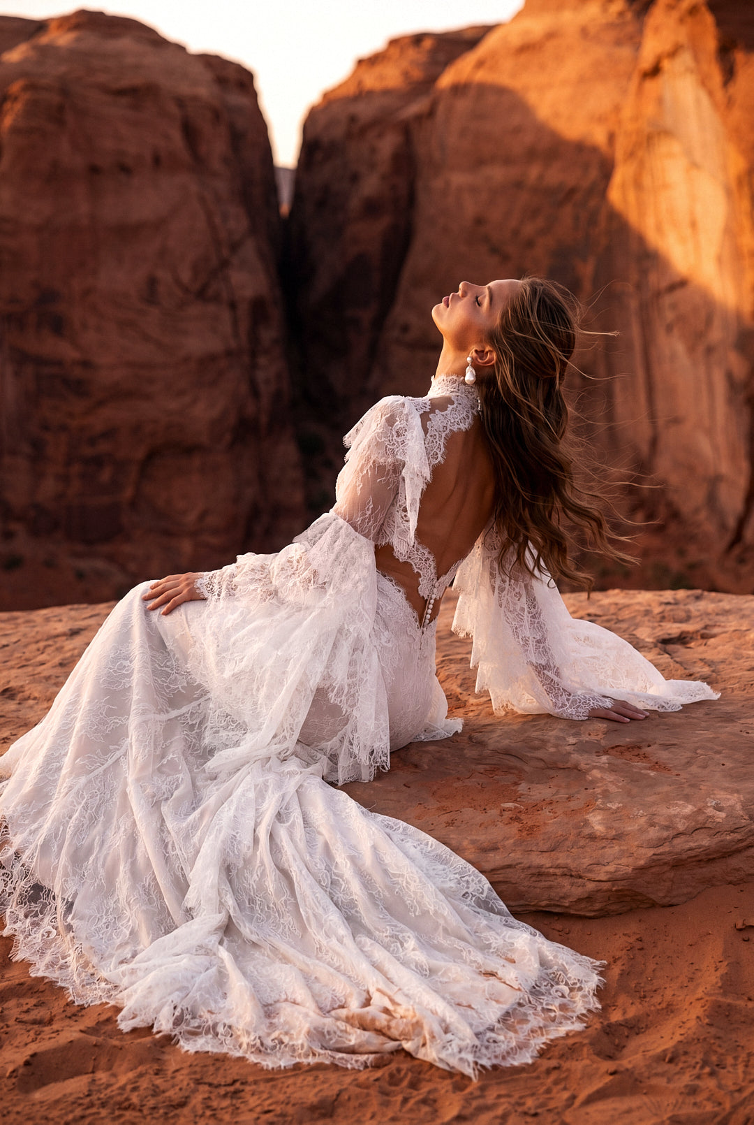 Fit-and-Flare Sequin Lace Wedding Dress with Slit and Lace Ruffles