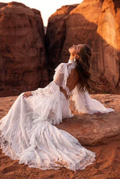 Fit-and-Flare Sequin Lace Wedding Dress with Slit and Lace Ruffles