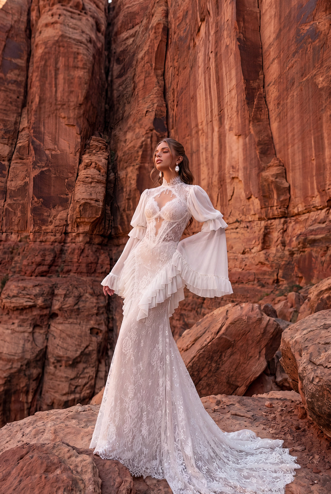 Fit-and-Flare Lace Wedding Dress with Chiffon Sleeves and Pearl Details