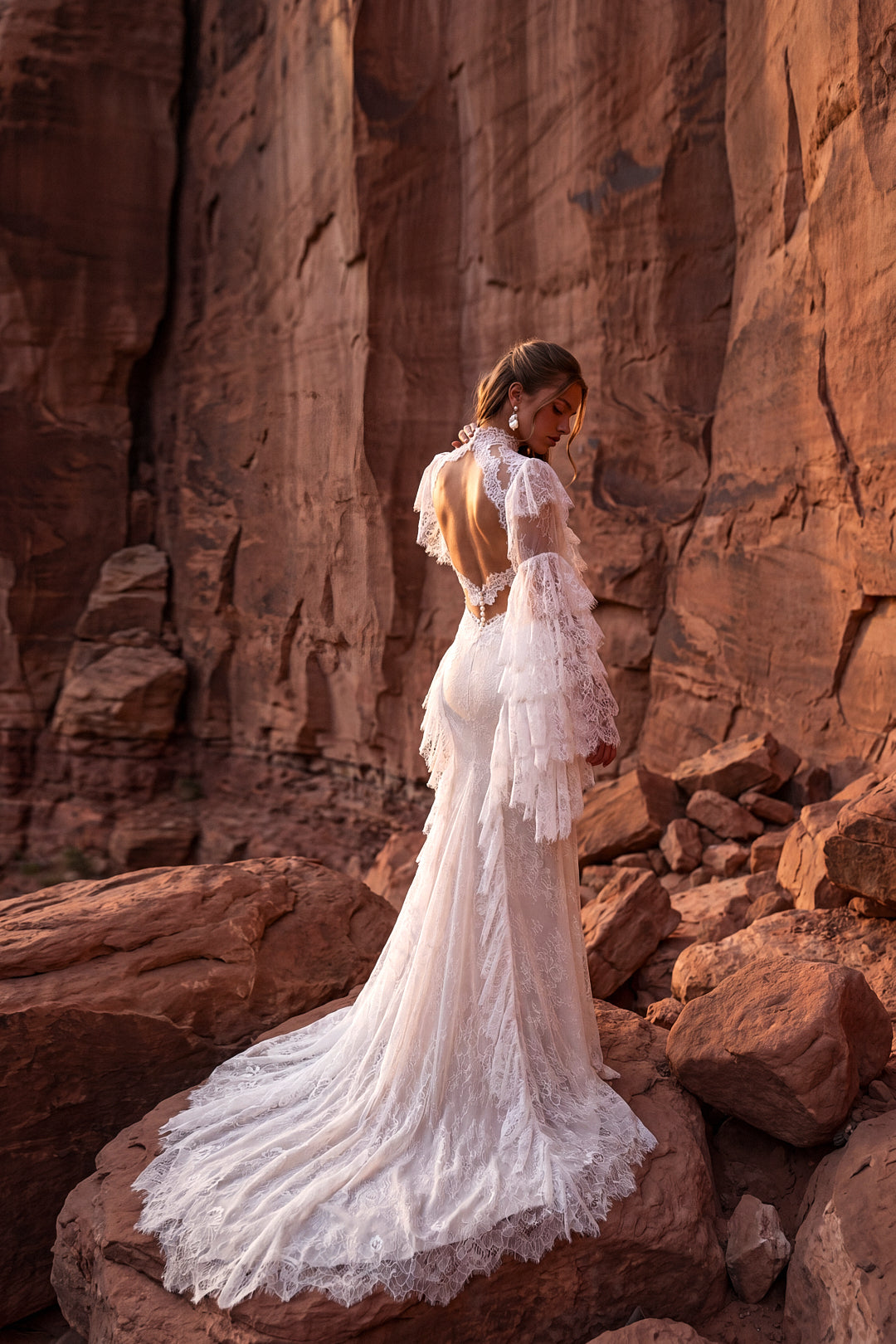 Fit-and-Flare Sequin Lace Wedding Dress with Slit and Lace Ruffles