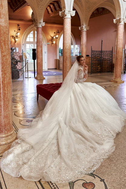 Princess ball gown wedding dress with beaded cathedral train