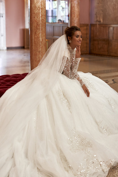 Princess ball gown wedding dress with beaded cathedral train