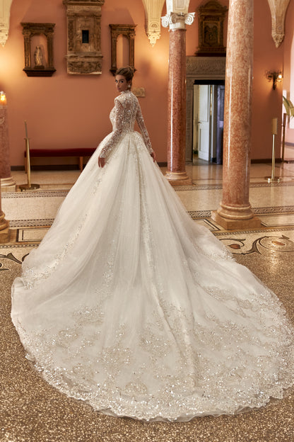 Princess ball gown wedding dress with beaded cathedral train