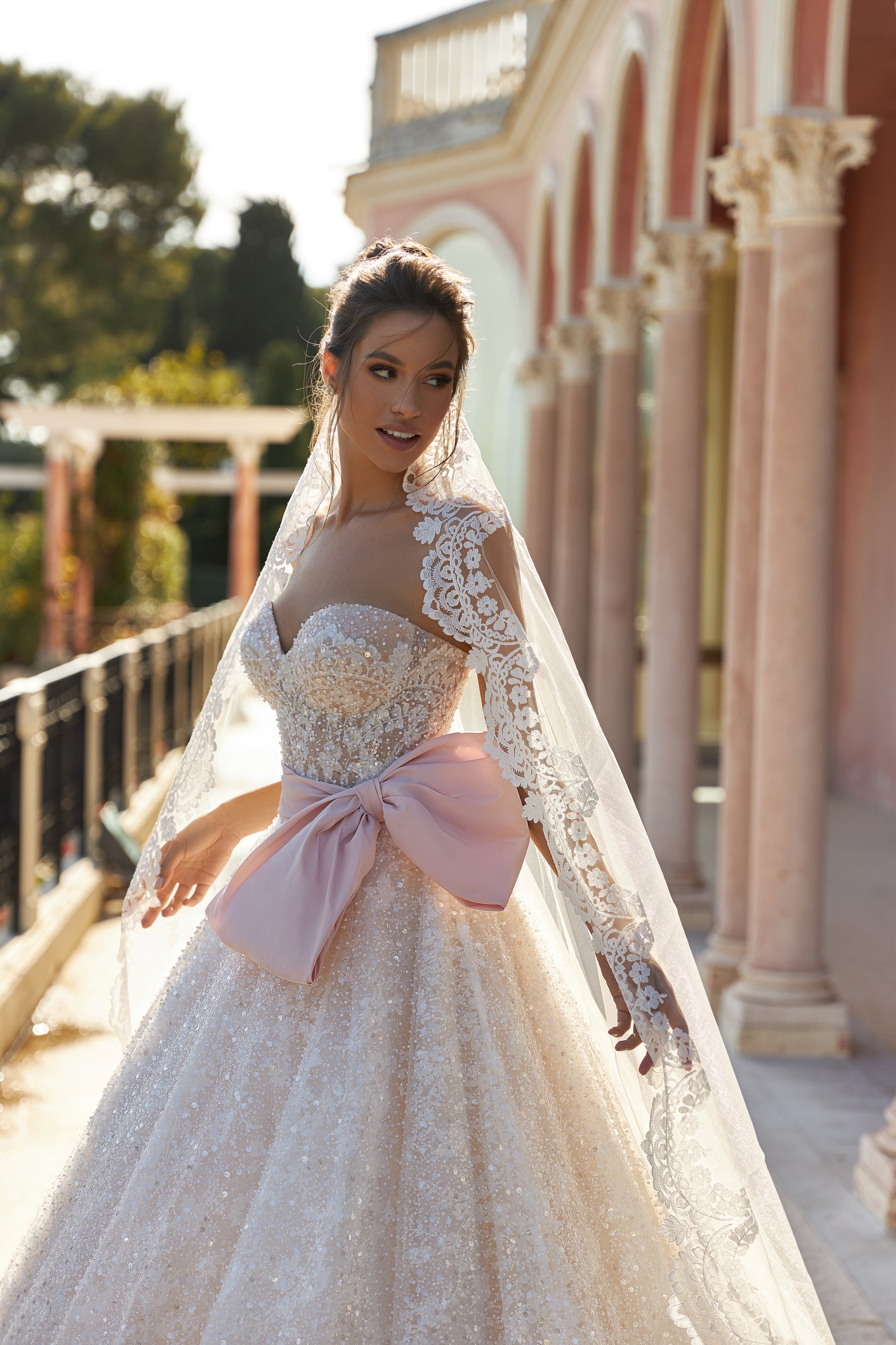 A-Line Wedding Dress Sleeveless Blush Taffeta Belt and Bow Chapel Train Chantilly Lace Bridal Gown - MADE TO MEASURE A-Line Wedding Dress Sleeveless Blush Taffeta Belt and Bow Chapel Train Chantilly Lace Bridal Gown - MADE TO MEASURE