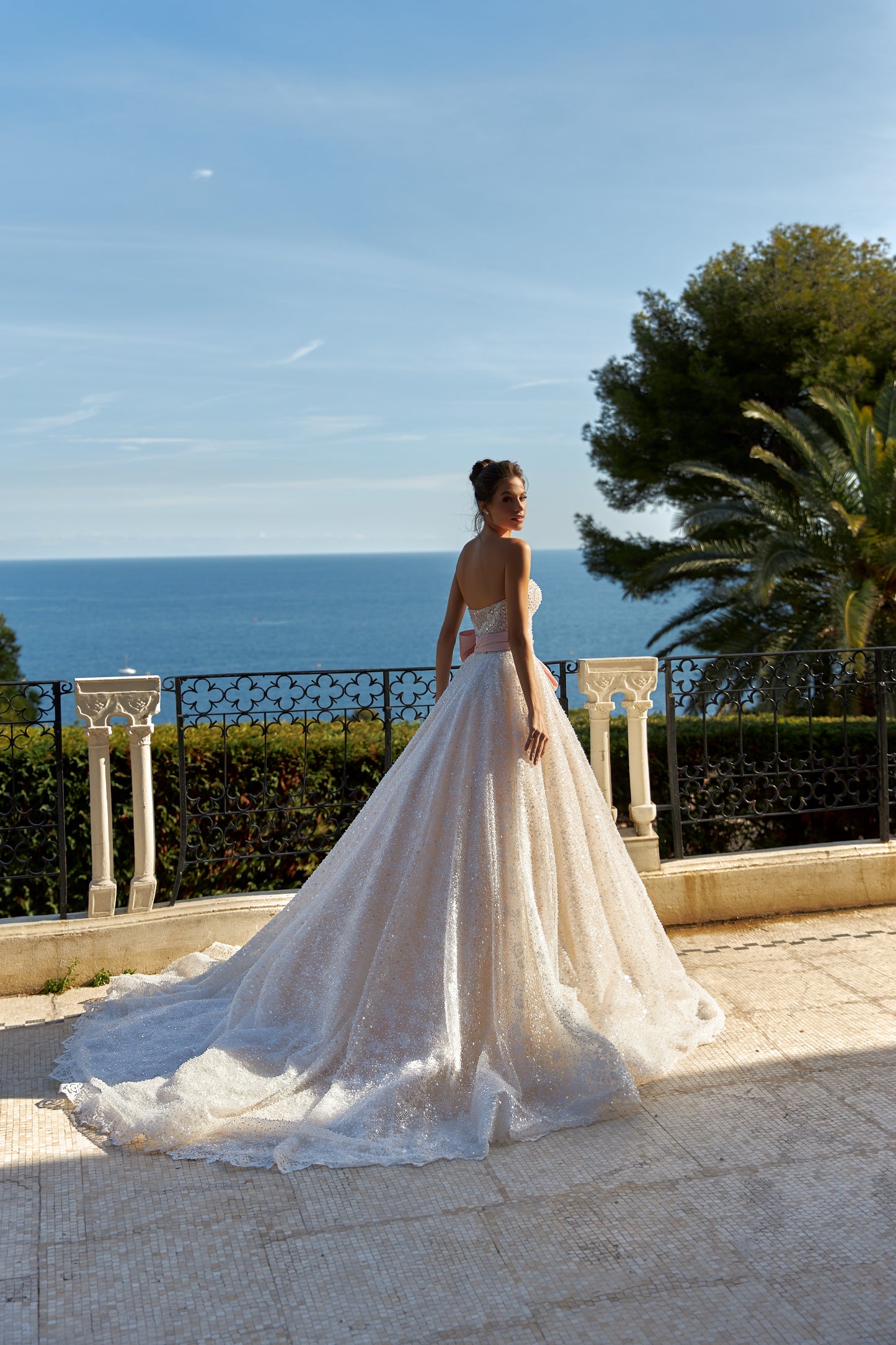 A-line sleeveless wedding dress with blush belt