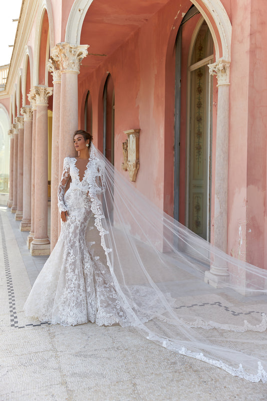 Fitted Mermaid Wedding Dress with Long Puffy Sleeves, Bow, V-Neckline and Fishtail Train  Chantilly Lace Bridal Gown