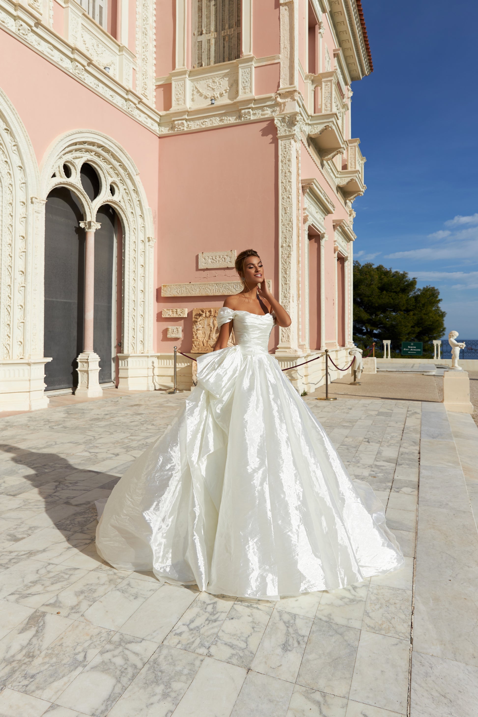 A-Line Wedding Dress Off-the-Shoulder Draped Sleeves Pearl Side Bow Cathedral Train Taffeta-Silk Bridal Gown