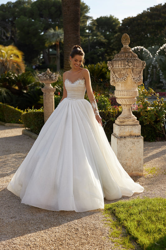 Princess Ball gown Long illusion sleeve Open back Glitter Swarowski Chapel train Wedding dress