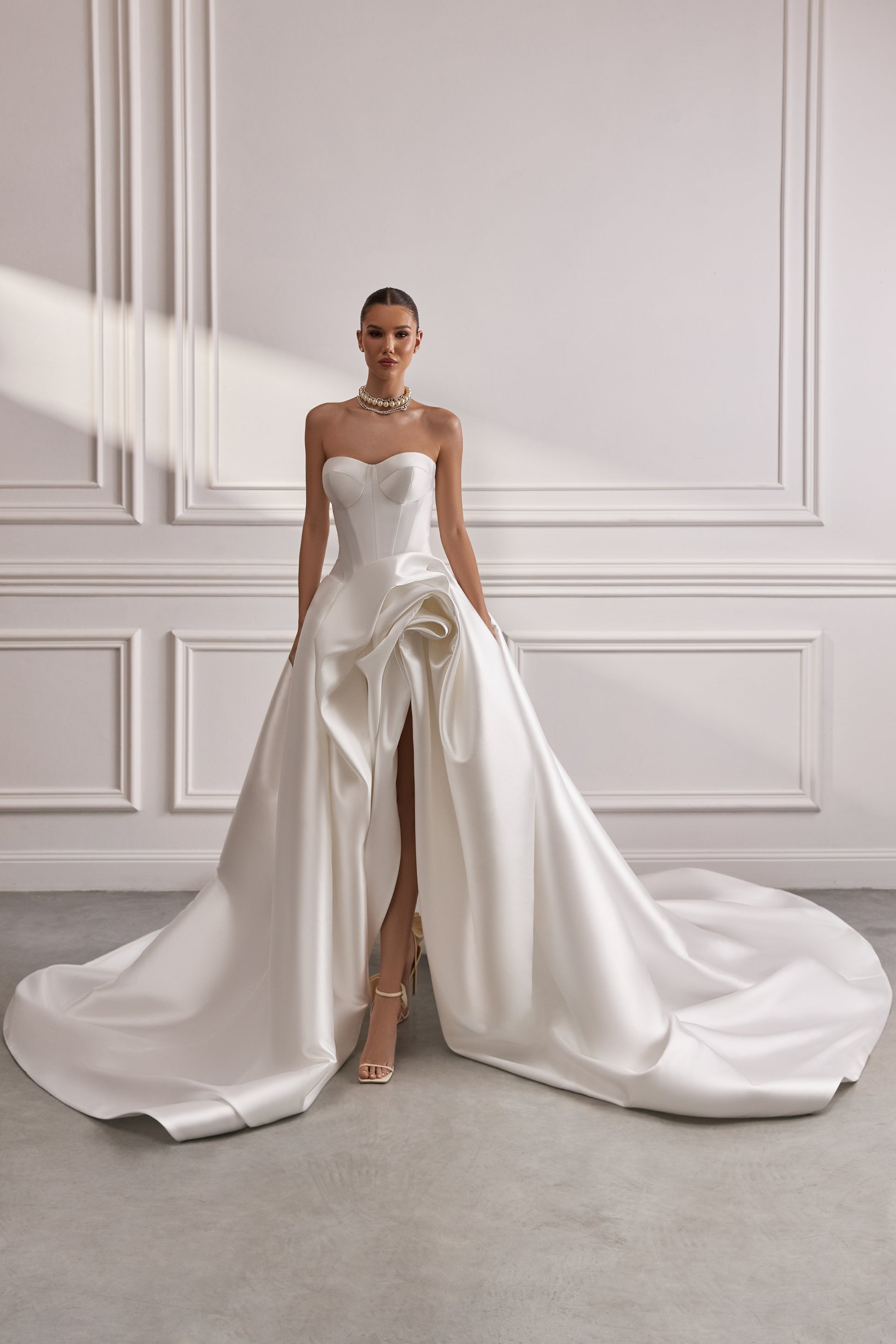satin mikado wedding dress Mikado A-Line Wedding Dress with Reverse Sweetheart Neckline, Drop-down waist & Chapel Train 8
