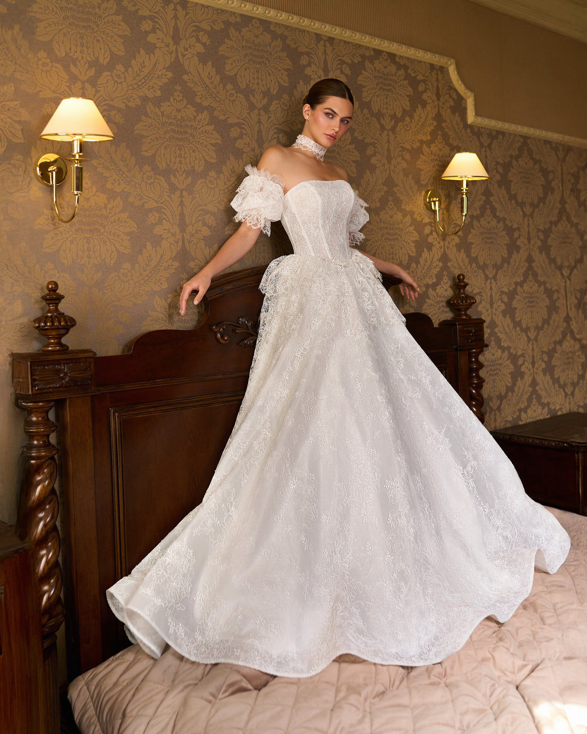 A-line lace corset wedding dress with off-the-shoulder puff sleeves, lace choker and full skirt