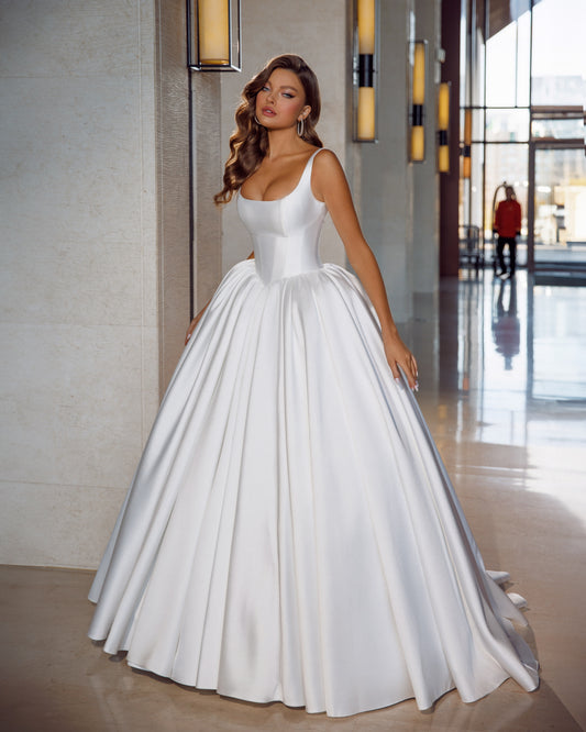 Classic Minimalist Princess Ballgown Sleeveless Wide straps Square neckline A-line Plain Atlas Mikado Wedding Dress